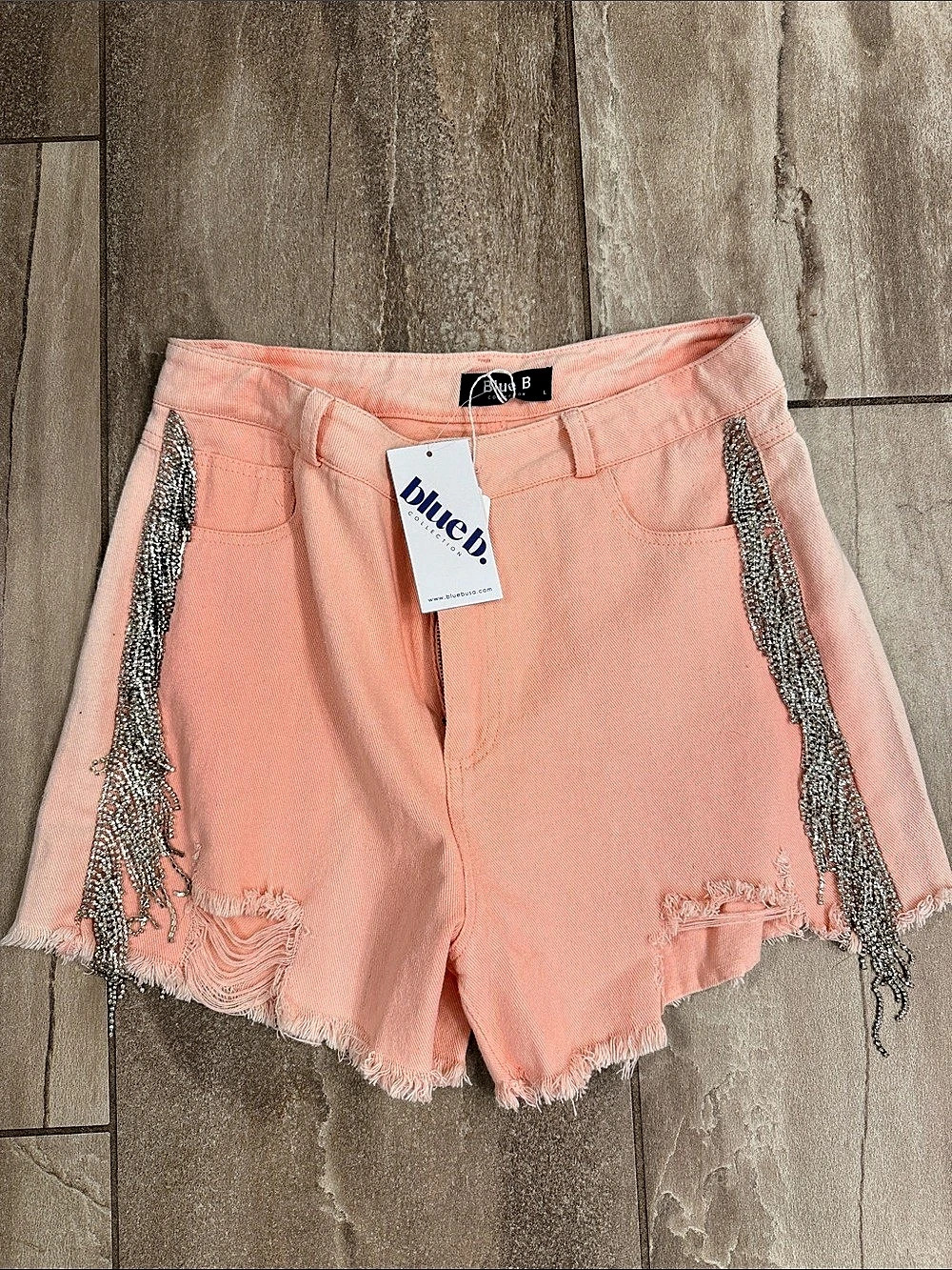 Blue B Rhinestone Fringe Denim Shorts Pink Size Large
